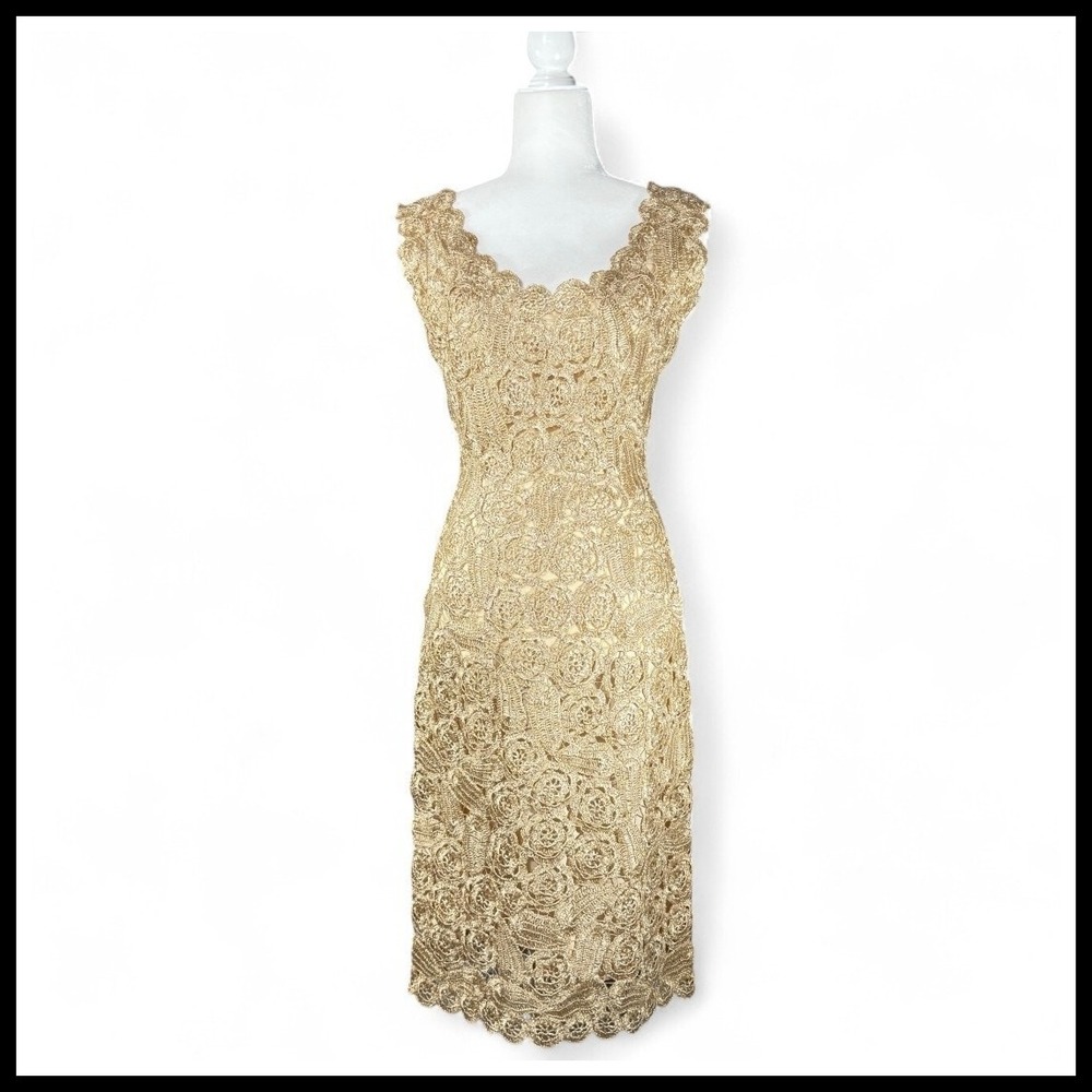 Vtg Raffia Crochet Wiggle Dress Woven Italian Tan Scallop Autumn Wedding Guest S